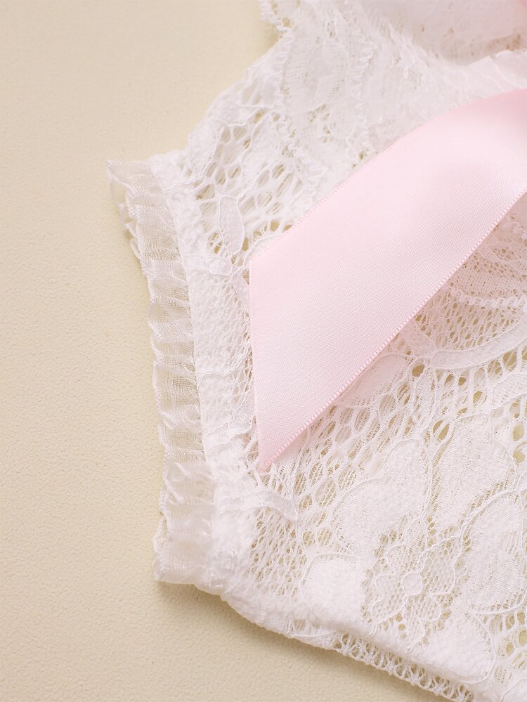 SHEIN Newborn Girl Lace Romper Set For Photoshoot Pink Ribbon Bow Romper Newborn Photo Props Infant Photography Outfit Autumn Fall - White - View 4