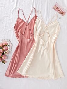 SilkySpell 2pcs Women's Spaghetti Strap Backless Gentle Sweet Solid Color Cross-Strap Satin Nightdress Two-Color Luxeloungewear - Multicolor - View 4