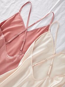 SilkySpell 2pcs Women's Spaghetti Strap Backless Gentle Sweet Solid Color Cross-Strap Satin Nightdress Two-Color Luxeloungewear - Multicolor - View 7
