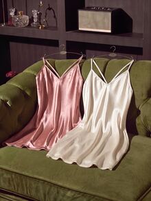 SilkySpell 2pcs Women's Spaghetti Strap Backless Gentle Sweet Solid Color Cross-Strap Satin Nightdress Two-Color Luxeloungewear - Multicolor - View 1