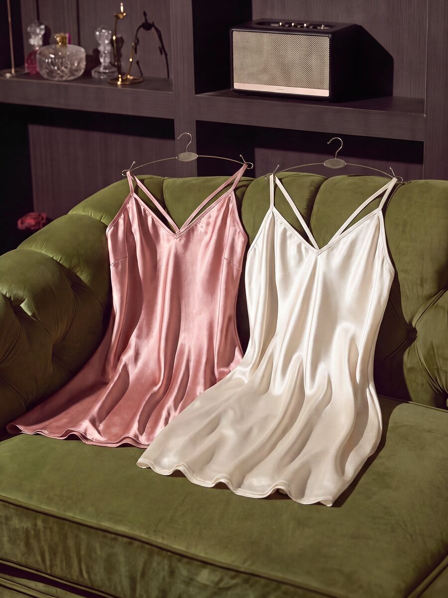 SilkySpell 2pcs Women's Spaghetti Strap Backless Gentle Sweet Solid Color Cross-Strap Satin Nightdress Two-Color Luxeloungewear - Multicolor - View 1
