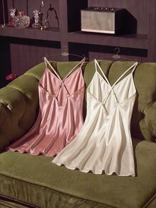 SilkySpell 2pcs Women's Spaghetti Strap Backless Gentle Sweet Solid Color Cross-Strap Satin Nightdress Two-Color Luxeloungewear - Multicolor - View 2