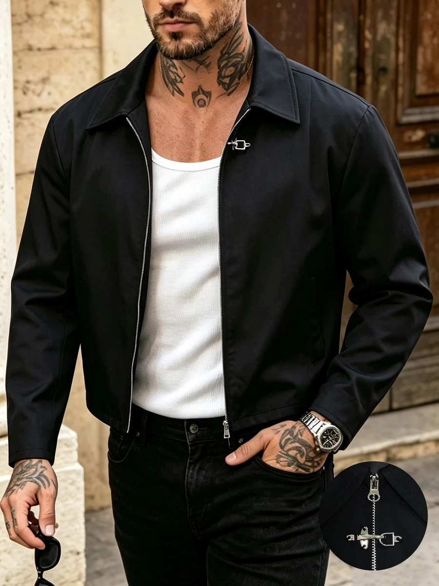 Manfinity CasualCool Men's Black Turn-Down Collar Functional Buckle Jacket, American Loose Fit Drop Shoulder Design Casual Outerwear - Black - View 1