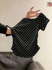 Resyla 女款黑白波點露肩短袖短版上衣，法式復古復古風，適合早午餐與夏季穿著 - 黑色 - 查看 3