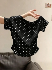 Resyla 女款黑白波點露肩短袖短版上衣，法式復古復古風，適合早午餐與夏季穿著 - 黑色 - 查看 5