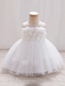 SHEIN Glamorique Kids 女嬰白色無袖正式禮服，3D花朵貼花透視網紗領泡泡紗裙，適用特殊場合、洗禮與派對 - 白色 - 查看 1