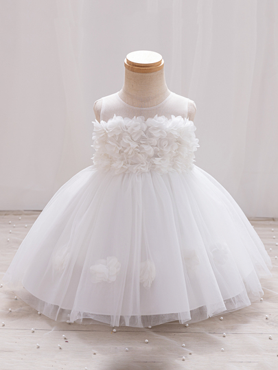 SHEIN Glamorique Kids 女嬰白色無袖正式禮服，3D花朵貼花透視網紗領泡泡紗裙，適用特殊場合、洗禮與派對