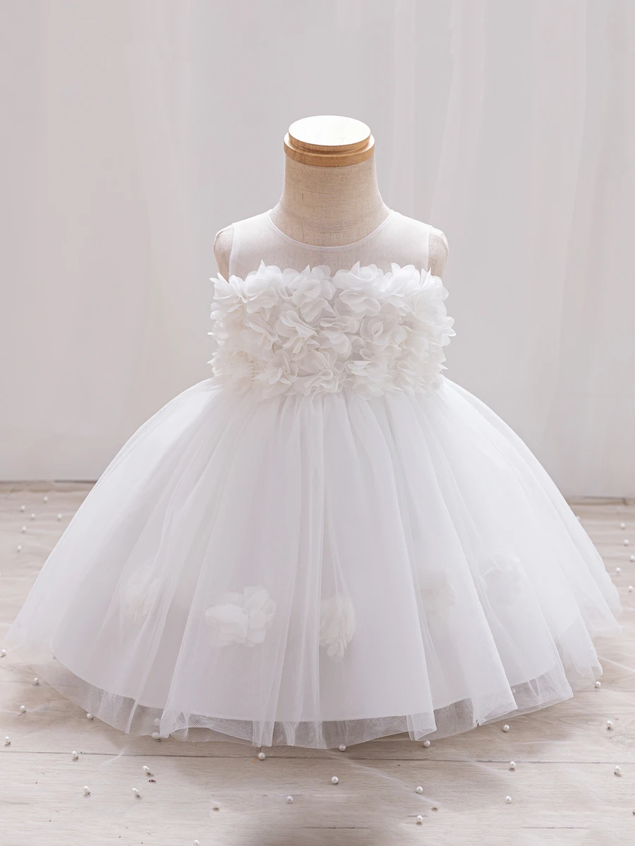 SHEIN Glamorique Kids 女嬰白色無袖正式禮服,3D花朵貼花透視網紗領泡泡紗裙,適用特殊場合、洗禮與派對 - 白色 - 查看 1