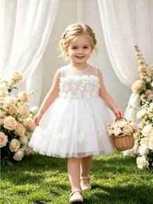 SHEIN Glamorique Kids 女嬰白色無袖正式禮服，3D花朵貼花透視網紗領泡泡紗裙，適用特殊場合、洗禮與派對 - 白色 - 查看 3