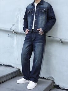 RivetRise 男士水洗丹寧夾克與寬腿牛仔褲2件套，復古做舊藍色工裝丹寧夾克，寬鬆版型寬腿牛仔褲套裝，休閒街頭風丹寧2件套穿搭 - 藍色 - 查看 4