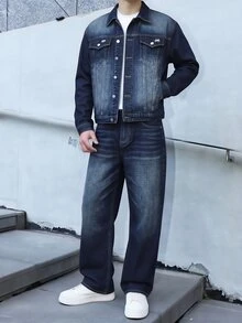 RivetRise 男士水洗丹寧夾克與寬腿牛仔褲2件套，復古做舊藍色工裝丹寧夾克，寬鬆版型寬腿牛仔褲套裝，休閒街頭風丹寧2件套穿搭 - 藍色 - 查看 7