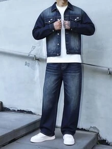 RivetRise 男士水洗丹寧夾克與寬腿牛仔褲2件套，復古做舊藍色工裝丹寧夾克，寬鬆版型寬腿牛仔褲套裝，休閒街頭風丹寧2件套穿搭 - 藍色 - 查看 6