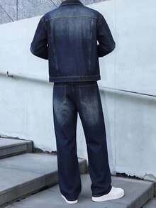 RivetRise 男士水洗丹寧夾克與寬腿牛仔褲2件套，復古做舊藍色工裝丹寧夾克，寬鬆版型寬腿牛仔褲套裝，休閒街頭風丹寧2件套穿搭 - 藍色 - 查看 3
