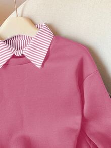 Modelyn Striped Patchwork 2 In 1 Long Sleeve Elegant & Fashionable Women Sweatshirt - Hot Pink - View 4