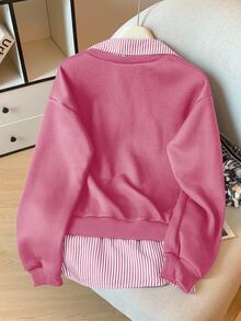 Modelyn Striped Patchwork 2 In 1 Long Sleeve Elegant & Fashionable Women Sweatshirt - Hot Pink - View 2