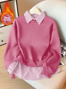 Modelyn Striped Patchwork 2 In 1 Long Sleeve Elegant & Fashionable Women Sweatshirt - Hot Pink - View 3