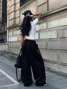 Coolane 女款秋冬街頭風返校學院風運動休閒保暖舒適抓絨黑色圓弧下擺長褲 - 黑色 - 查看 6