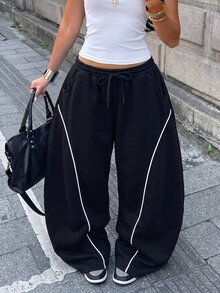Coolane 女款秋冬街頭風返校學院風運動休閒保暖舒適抓絨黑色圓弧下擺長褲 - 黑色 - 查看 5