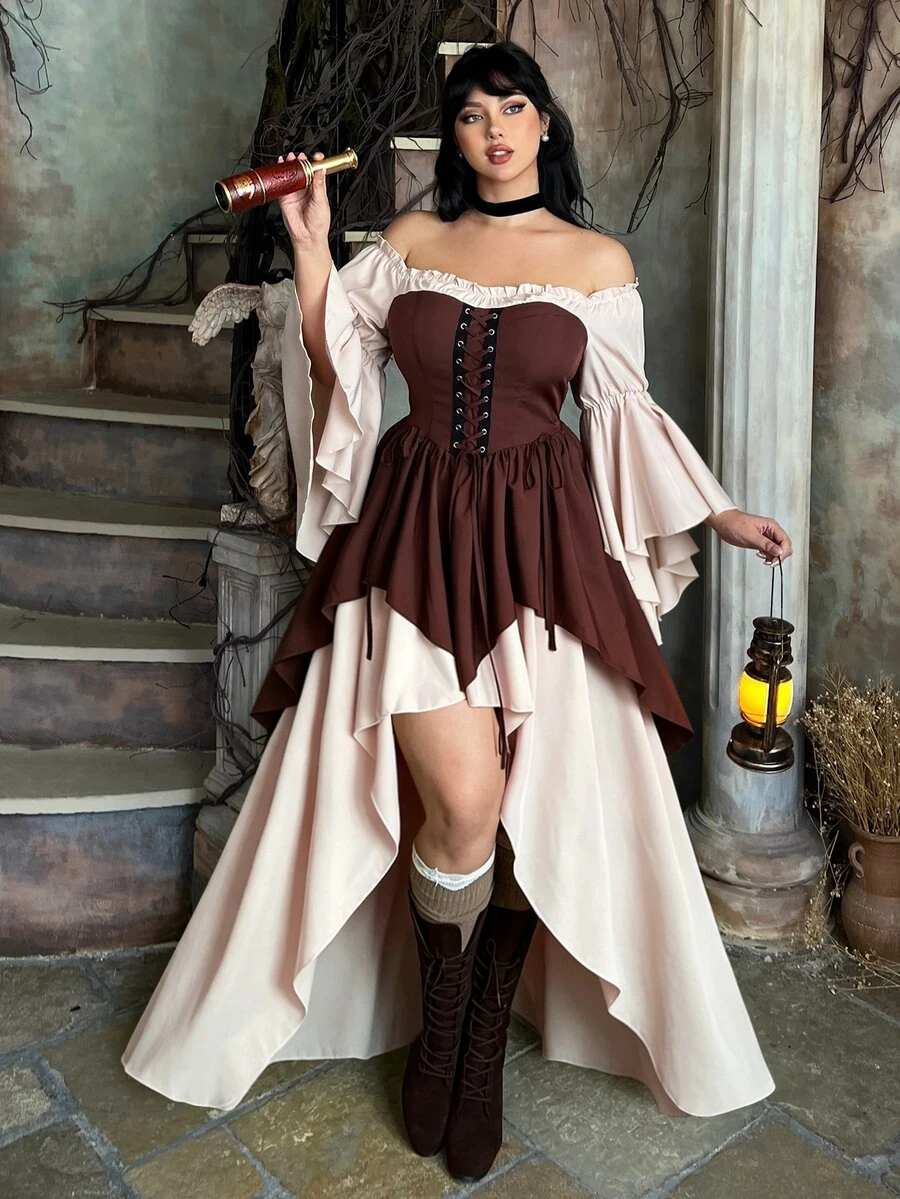 Lyrianda 萬聖節休閒優雅 90s 80s 70s 60s 復古公主宮廷風 Cosplay 一字領 A 字版型長版蓬鬆對比色洋裝 - 彩色 - 查看 1