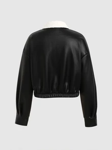 SHEIN 青少年女孩 Borg 領下肩 PU 夾克 - 黑色 - 查看 3