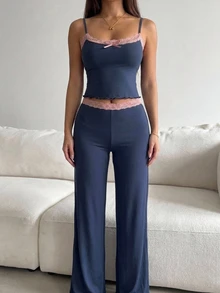 Livesso Women's Lace Patchwork Camisole & Long Pants Pajama Set - Navy Blue - View 7