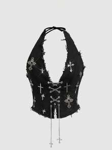 ROMWE Goth Spring/Summer Women's Retro Dark Cross Halter Neck Sexy Denim Top - Black - View 1