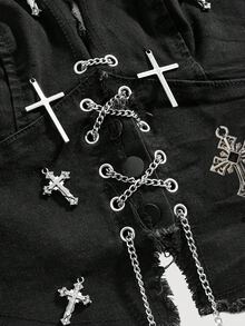 ROMWE Goth Spring/Summer Women's Retro Dark Cross Halter Neck Sexy Denim Top - Black - View 4