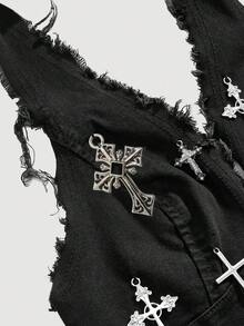 ROMWE Goth Spring/Summer Women's Retro Dark Cross Halter Neck Sexy Denim Top - Black - View 3