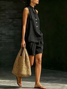 SHEIN Women's Solid Color Halter Top And Pocket Shorts Casual Daily Set - Black - View 5