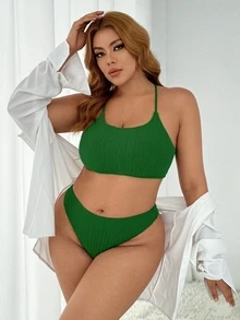 Swim SXY Women Plus Size Ladies' Solid Color Green Ribbed Bikini Set For Summer, Swimming, Beach,Summer Beach - Green - View 1