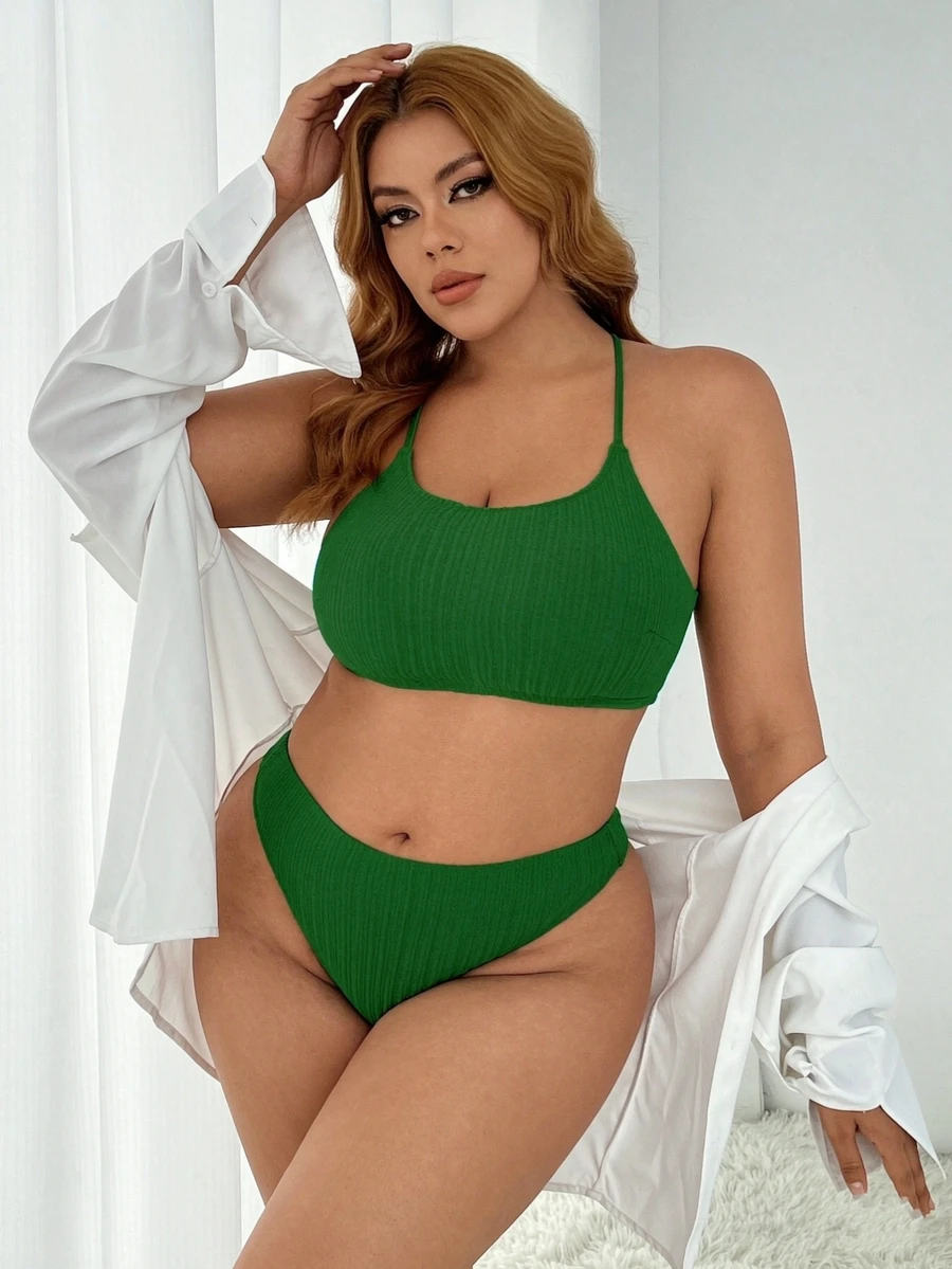 Swim SXY Women Plus Size Ladies' Solid Color Green Ribbed Bikini Set For Summer, Swimming, Beach,Summer Beach - Green - View 1