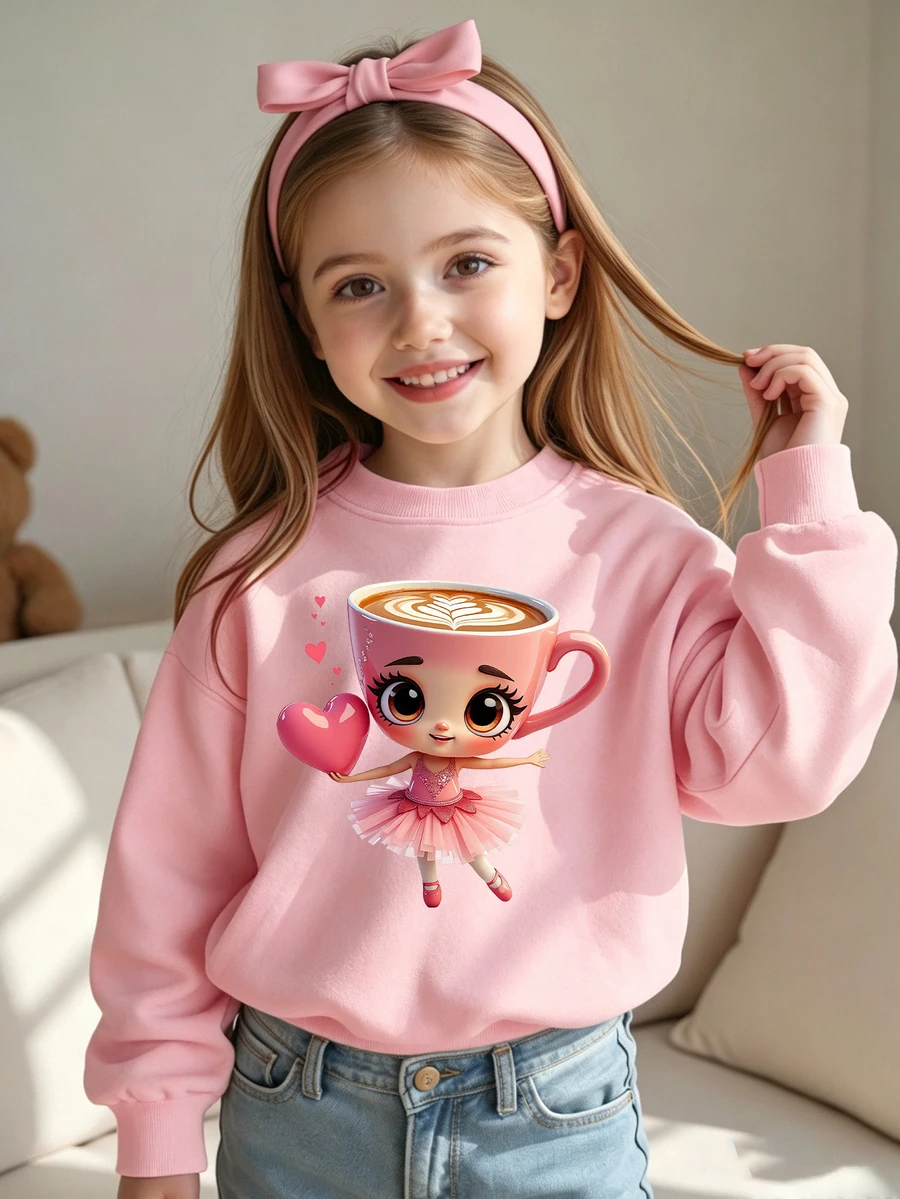 SHEIN 女童 1 件休閒時尚創意卡通杯芭蕾女孩愛心圖案印花基礎圓領運動衫 粉色 秋季 - 黑色 - 查看 1