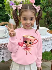 SHEIN 女童 1 件休閒時尚創意卡通杯芭蕾女孩愛心圖案印花基礎圓領運動衫 粉色 秋季 - 黑色 - 查看 3