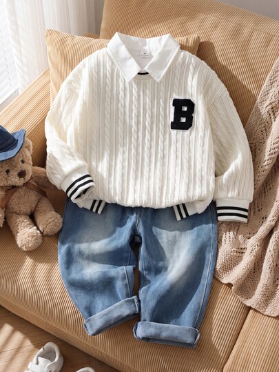 Playful Pals 2pcs Young Boy Washed Knit Jacquard Crew Neck Towel Embroidery Letter Long Sleeve Top + Blue Denim Jeans Casual Retro Minimalist Preppy Street Style Outfit, Suitable For Spring And Autumn Daily Wear, Shopping, School And Various Occasions