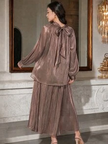 DAZY Solid Color Loose Long Sleeve Pullover Blouse With Ribbon And Umbrella Skirt, Elegant Vacation Autumn/Winter Maternity 2 Pieces Set - Khaki - View 2