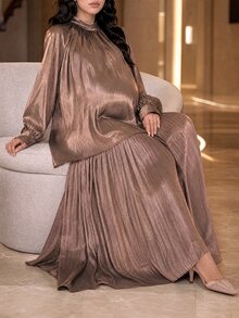 DAZY Solid Color Loose Long Sleeve Pullover Blouse With Ribbon And Umbrella Skirt, Elegant Vacation Autumn/Winter Maternity 2 Pieces Set - Khaki - View 5