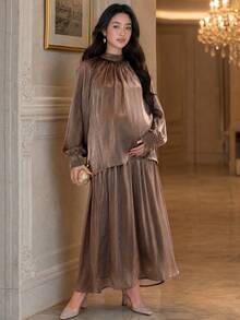 DAZY Solid Color Loose Long Sleeve Pullover Blouse With Ribbon And Umbrella Skirt, Elegant Vacation Autumn/Winter Maternity 2 Pieces Set - Khaki - View 4