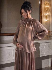 DAZY Solid Color Loose Long Sleeve Pullover Blouse With Ribbon And Umbrella Skirt, Elegant Vacation Autumn/Winter Maternity 2 Pieces Set - Khaki - View 7