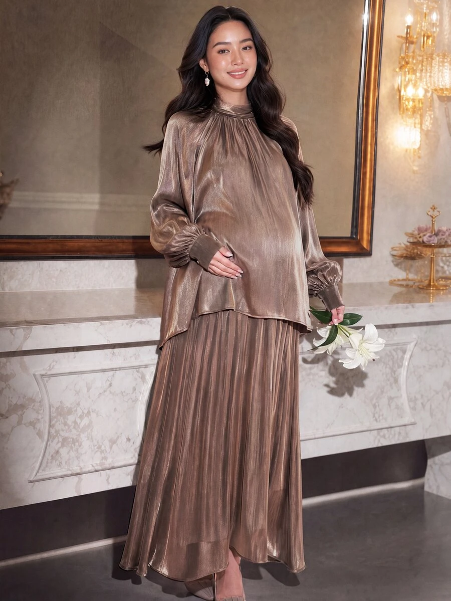 DAZY 純色寬鬆長袖套頭上衣配蝴蝶結與傘裙,優雅度假風秋冬孕婦兩件套 - 卡其色 - 查看 1