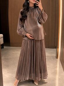 DAZY Solid Color Loose Long Sleeve Pullover Blouse With Ribbon And Umbrella Skirt, Elegant Vacation Autumn/Winter Maternity 2 Pieces Set - Khaki - View 1
