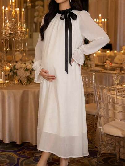 Dazy Maternity Patchwork Contrast Color Ruffle Collar Loose Long Sleeve Flared Sleeve A-Line Dress Elegant Vacation Daily Spring Autumn Maternity Dress