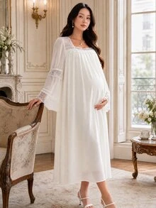 DAZY Contrast Lace Trim Loose Long Sleeve Ruffle Hem Long Casual Daily Home Spring Autumn Maternity Dress - White - View 3