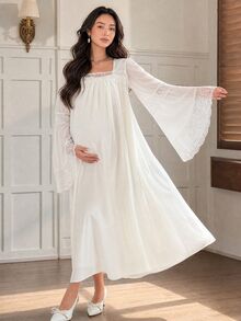 DAZY Contrast Lace Trim Loose Long Sleeve Ruffle Hem Long Casual Daily Home Spring Autumn Maternity Dress - White - View 9