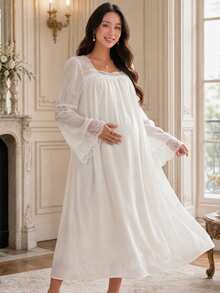 DAZY Contrast Lace Trim Loose Long Sleeve Ruffle Hem Long Casual Daily Home Spring Autumn Maternity Dress - White - View 4