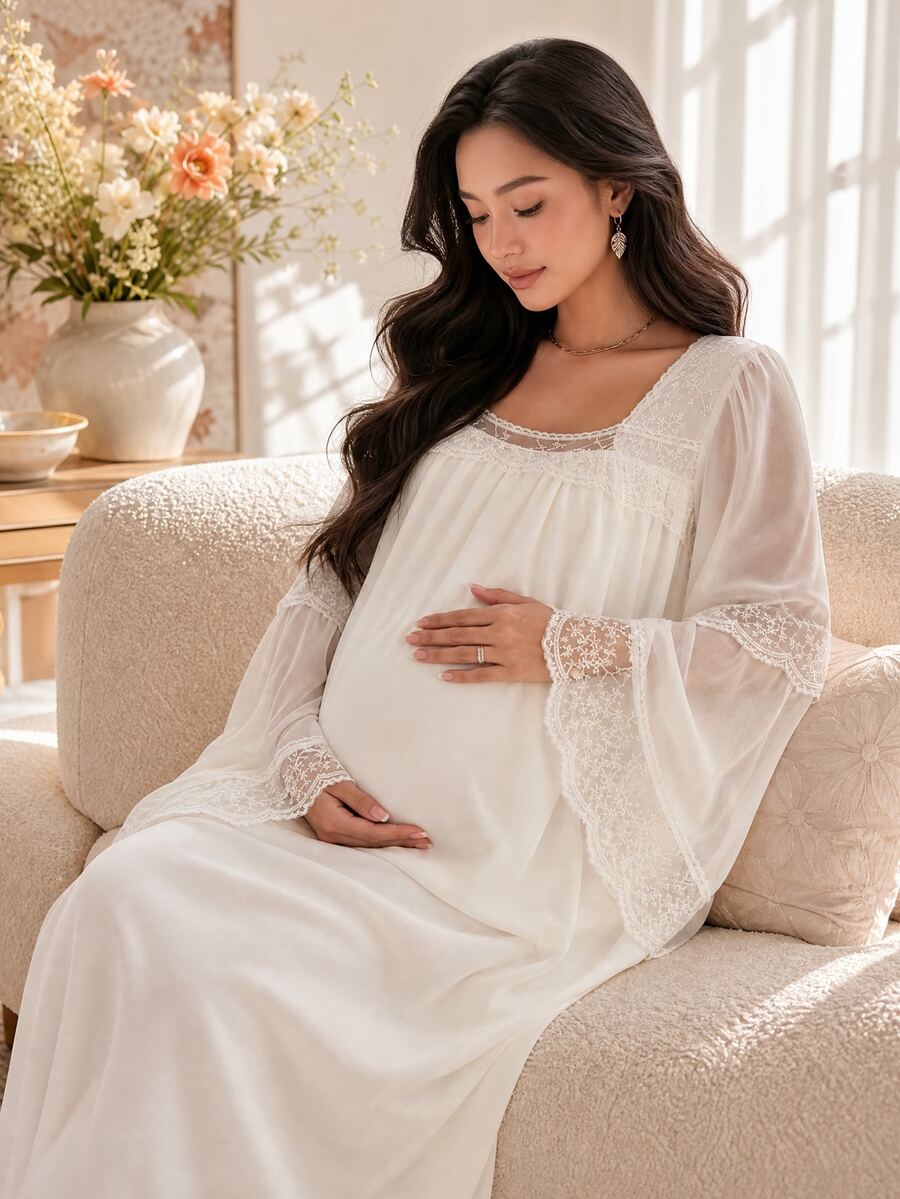 DAZY Contrast Lace Trim Loose Long Sleeve Ruffle Hem Long Casual Daily Home Spring Autumn Maternity Dress - White - View 1