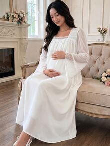 DAZY Contrast Lace Trim Loose Long Sleeve Ruffle Hem Long Casual Daily Home Spring Autumn Maternity Dress - White - View 6