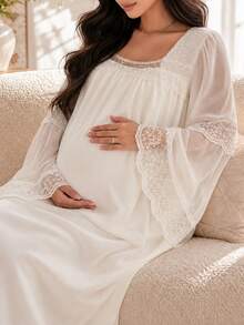 DAZY Contrast Lace Trim Loose Long Sleeve Ruffle Hem Long Casual Daily Home Spring Autumn Maternity Dress - White - View 8
