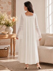 DAZY Contrast Lace Trim Loose Long Sleeve Ruffle Hem Long Casual Daily Home Spring Autumn Maternity Dress - White - View 2