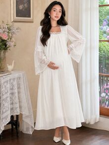 DAZY Contrast Lace Trim Loose Long Sleeve Ruffle Hem Long Casual Daily Home Spring Autumn Maternity Dress - White - View 5