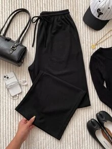 Comfortcana 大尺碼女款腰部繫帶黑色休閒居家運動長褲，秋冬返校穿搭 - 黑色 - 查看 7